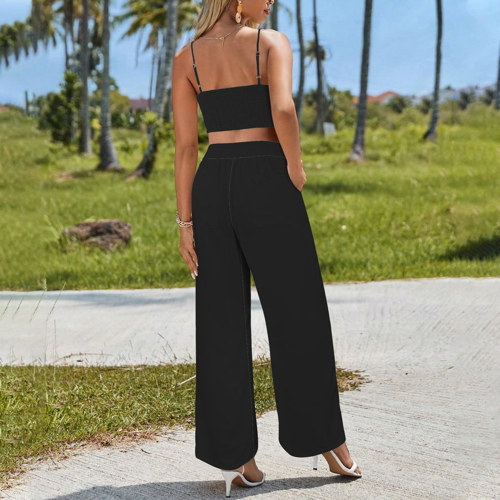 Women's Crop Cami & Tie Pant Set- Black