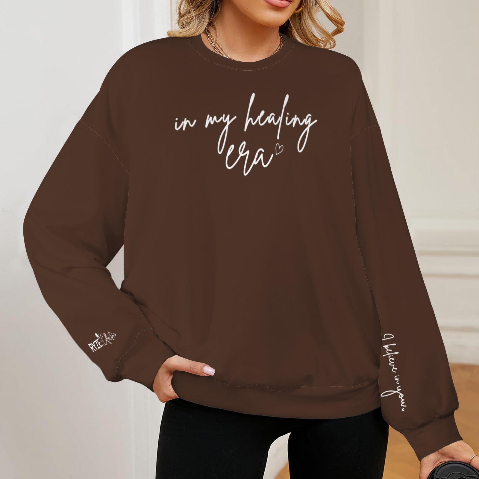 In my healing era sweatshirt- chocolate