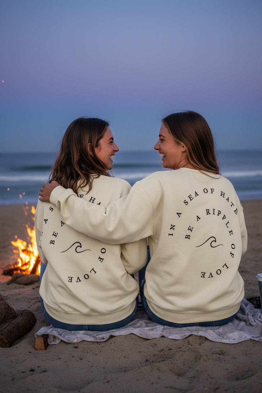 Cream Sweatshirt — Beach Bonfire at Dusk