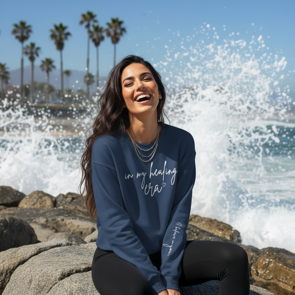 In My Healing Era - Navy Sweatshirt Dark Hair Model