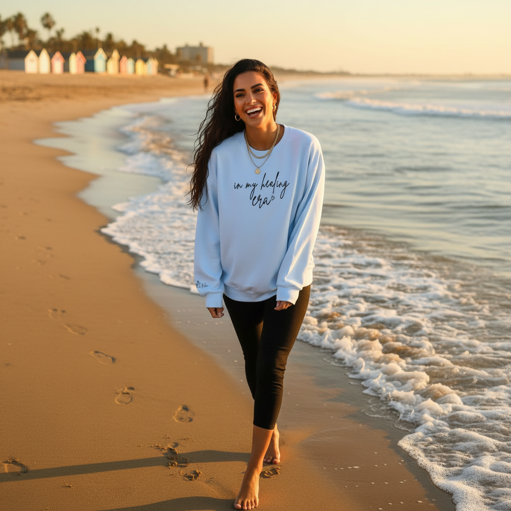 In My Healing Era - White Sweatshirt Dark Hair Model