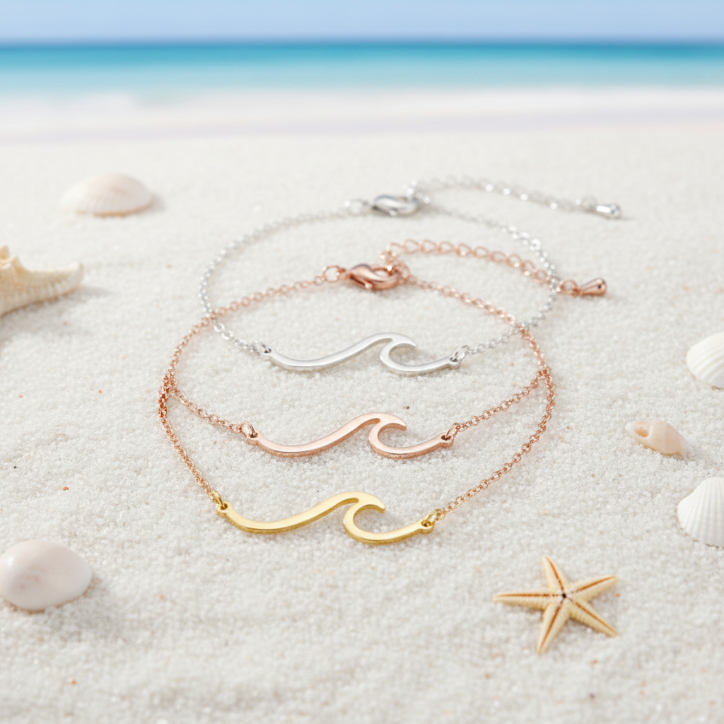 Wave Bracelet - Silver, Rose Gold & Gold Flat Lay