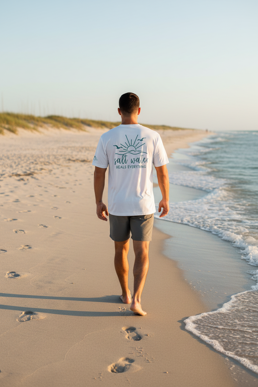 White Tee Back - Golden Hour Beach Walk